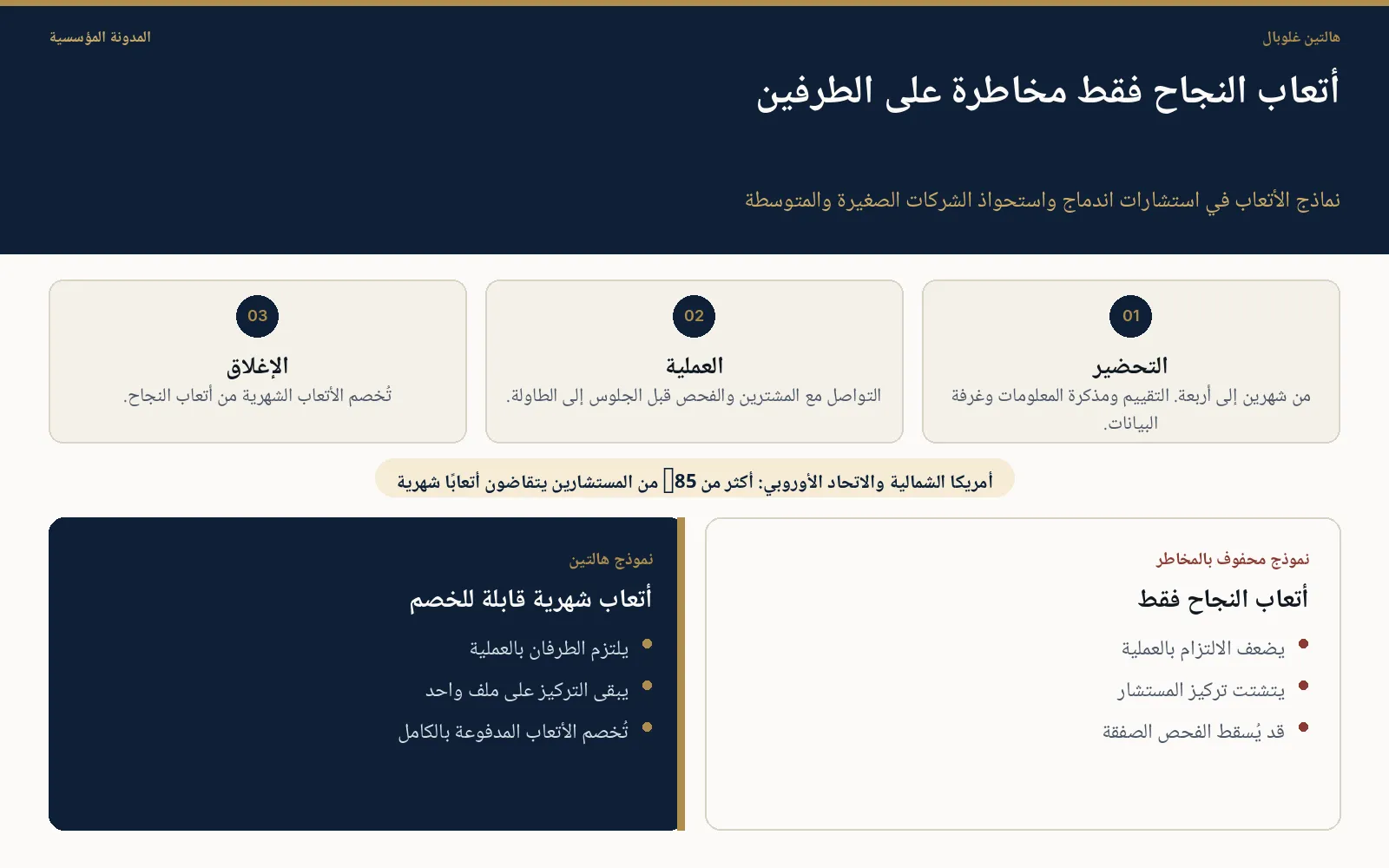 إنفوغراف يقارن بين نموذج أتعاب النجاح فقط ونموذج الأتعاب الشهرية القابلة للخصم في استشارات الاندماج والاستحواذ